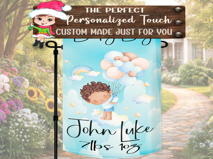 Baby boy outdoor keepsake flag with pastel clouds and balloon design