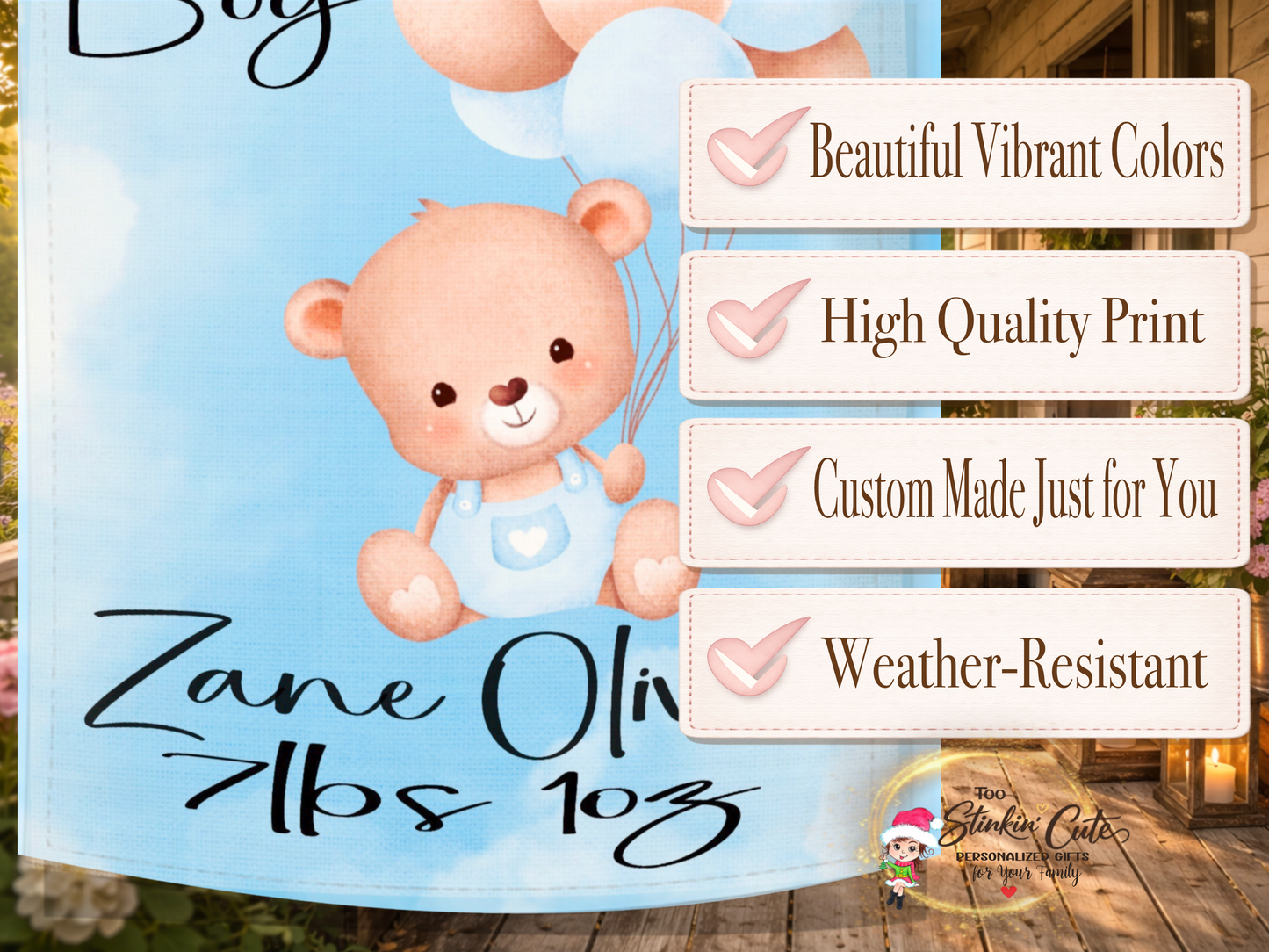 Cute teddy bear baby boy garden flag for newborn celebration décor