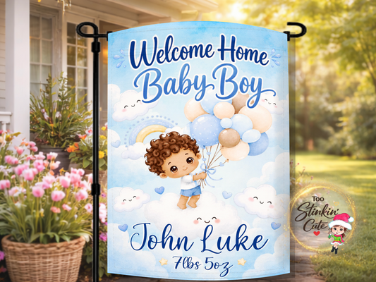 Personalized welcome home baby boy garden flag with balloons and clouds