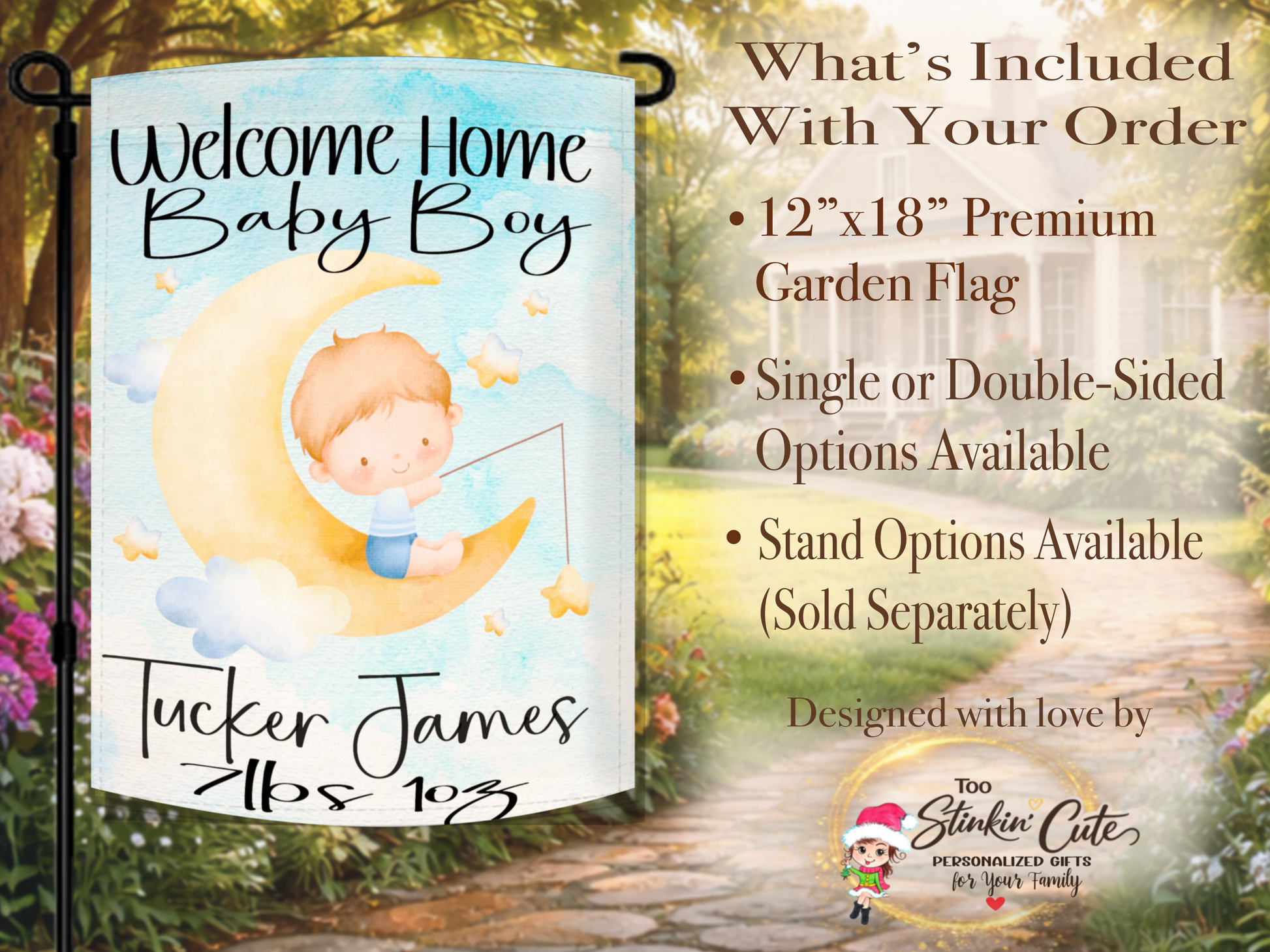 Custom baby announcement garden flag for newborn boys with moon and star nursery theme