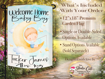 Custom baby announcement garden flag for newborn boys with moon and star nursery theme