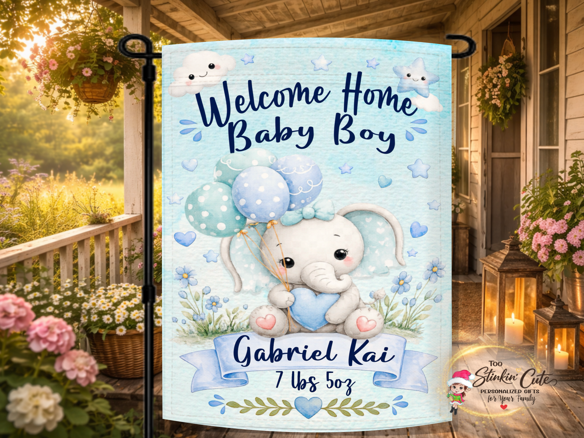 Personalized welcome home baby boy elephant garden flag