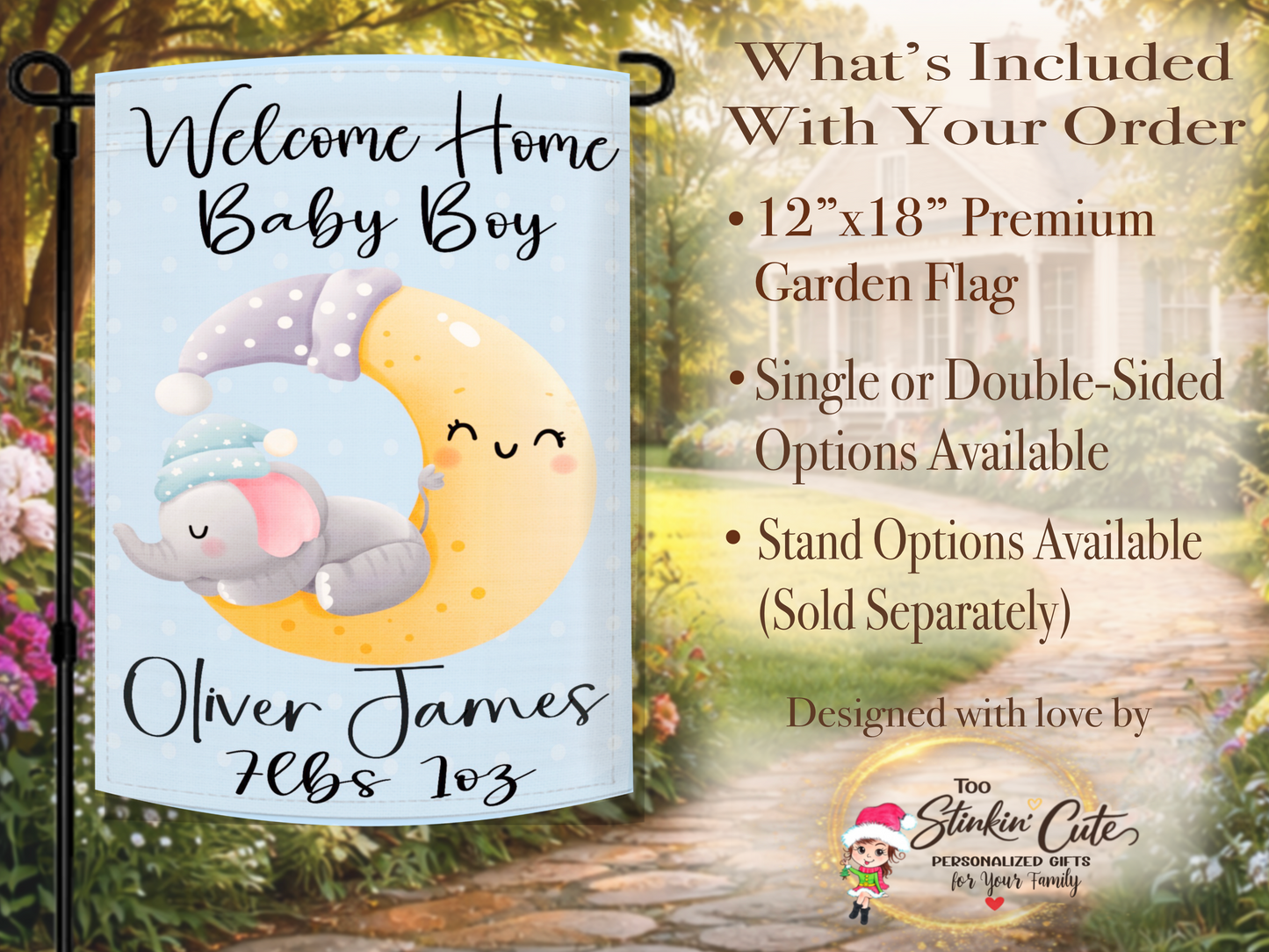 Welcome home baby boy garden flag with cute elephant sleeping on moon illustration