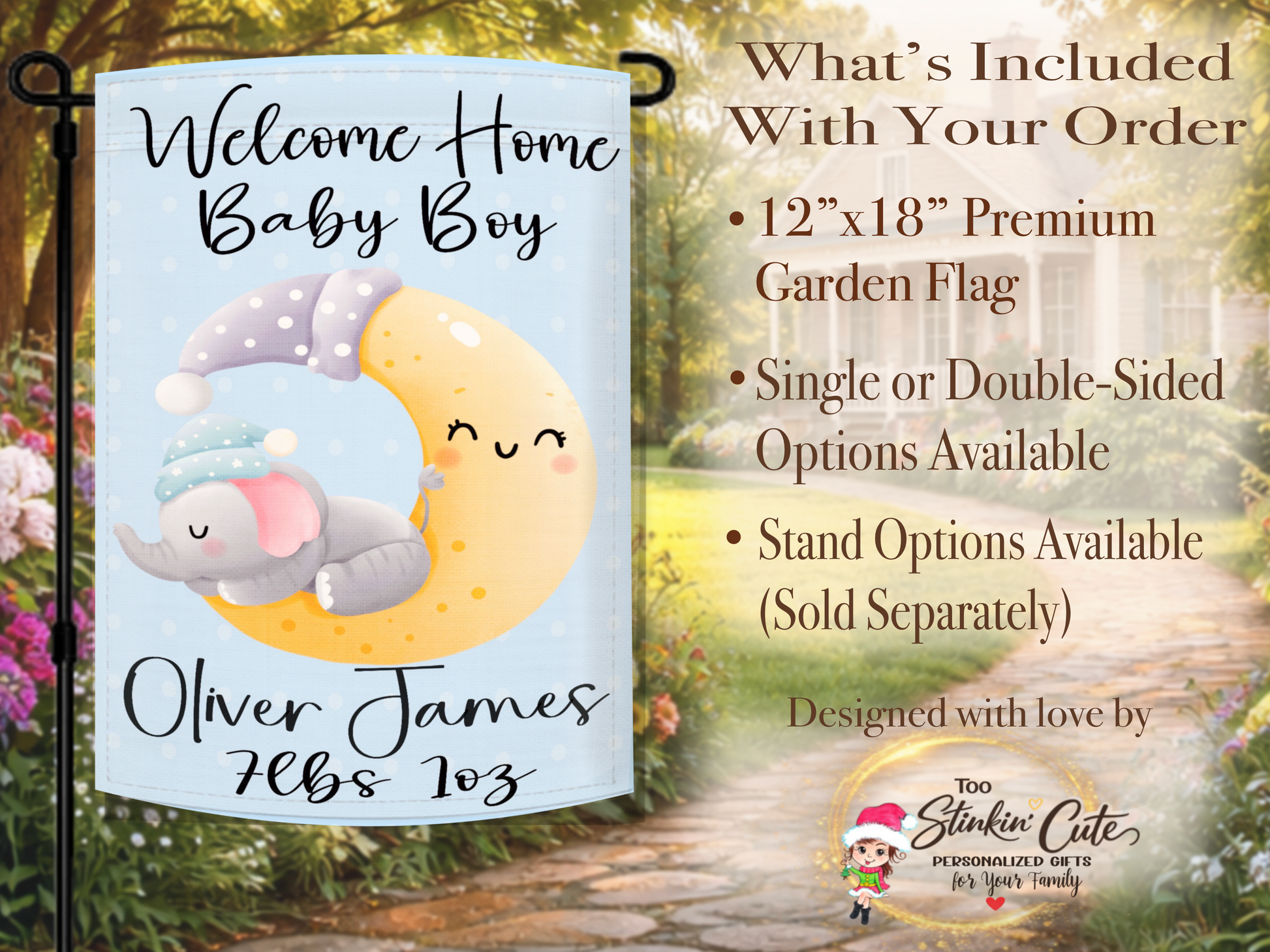 Welcome home baby boy garden flag with cute elephant sleeping on moon illustration
