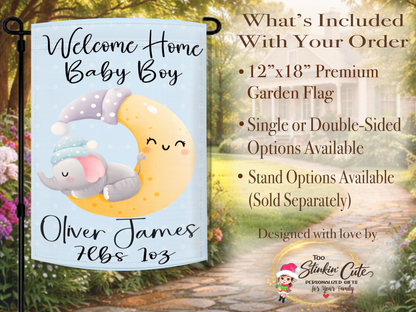 Welcome home baby boy garden flag with cute elephant sleeping on moon illustration
