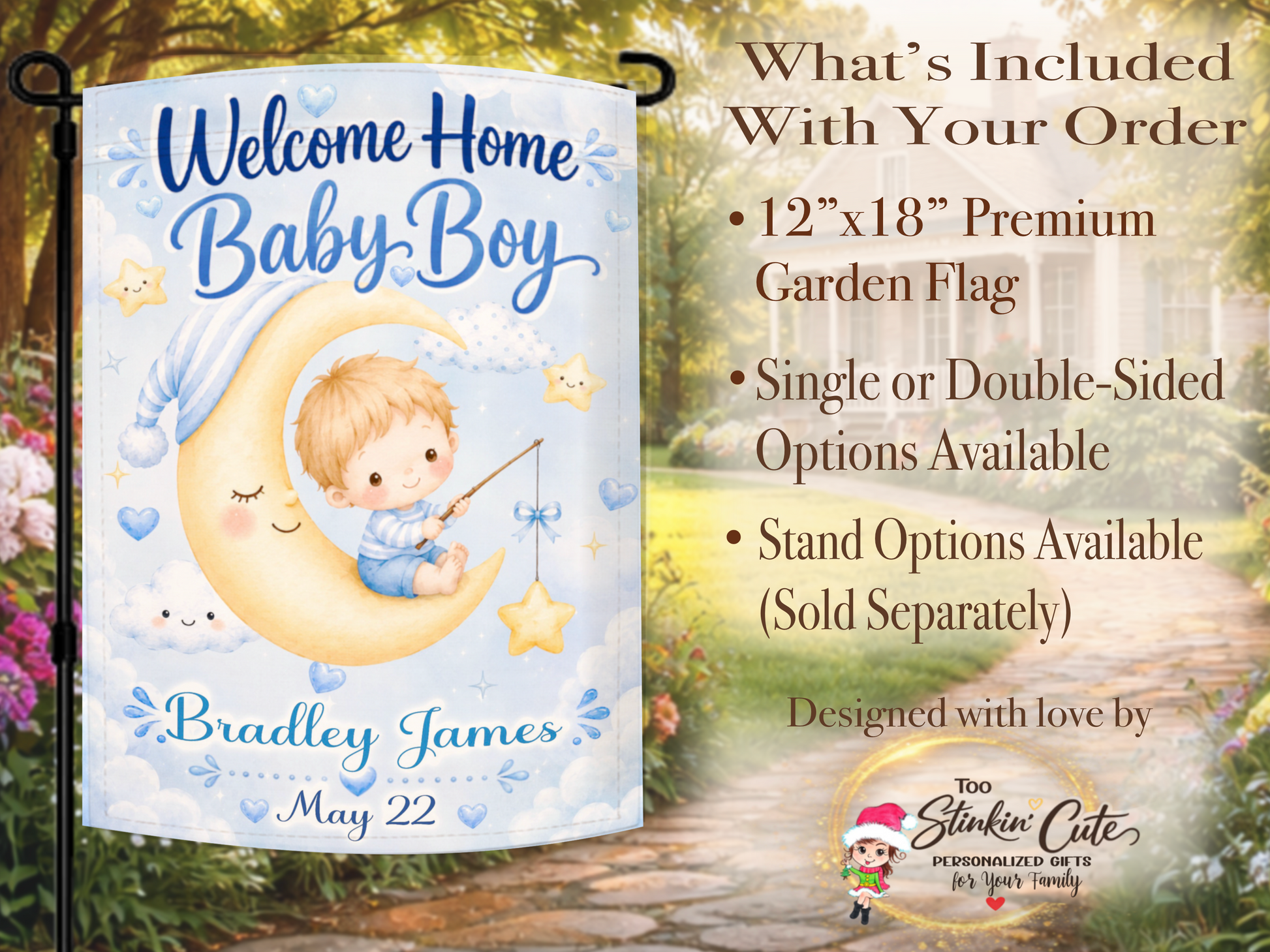Custom newborn birth announcement flag with fishing theme