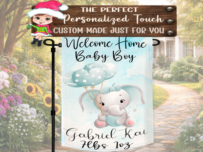 Personalized newborn baby boy yard décor with elephant and balloon artwork