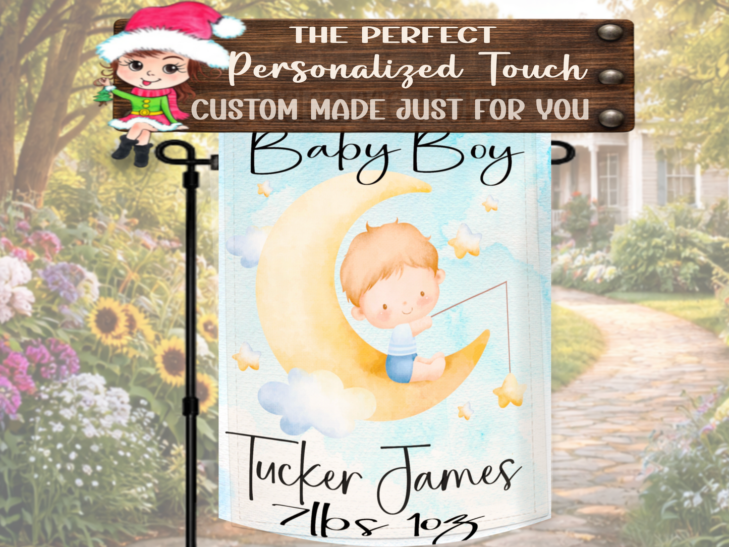 Personalized newborn baby boy keepsake garden flag for baby shower or birth announcement