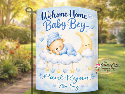 Custom baby boy keepsake flag with name and birth stats