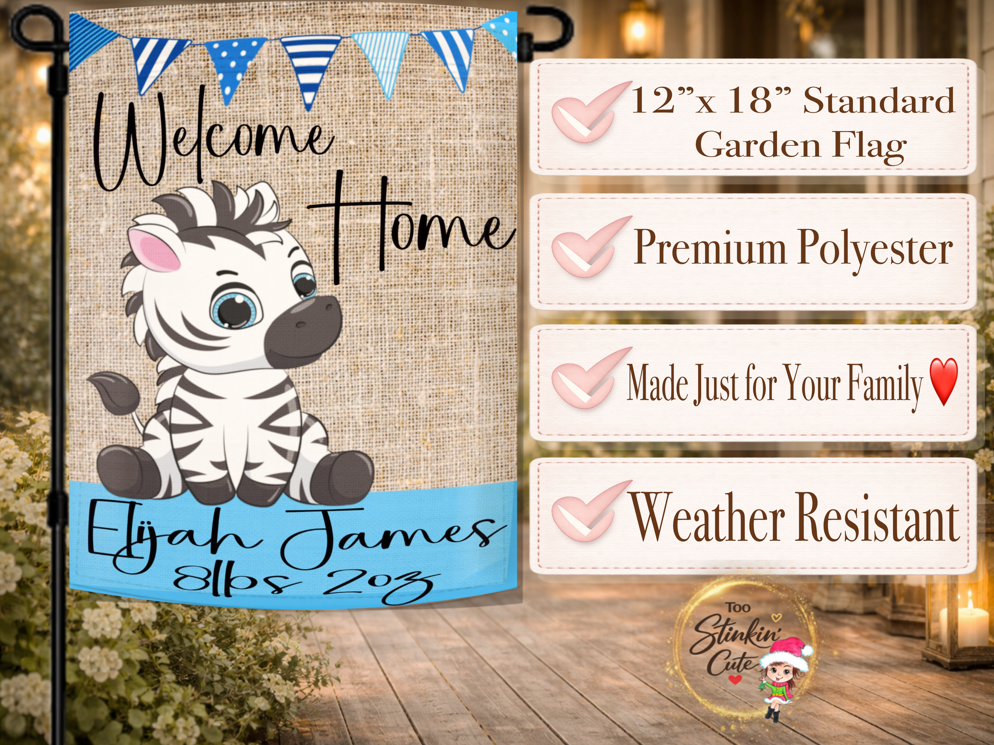Personalized baby boy announcement flag customized with baby name and birth weight