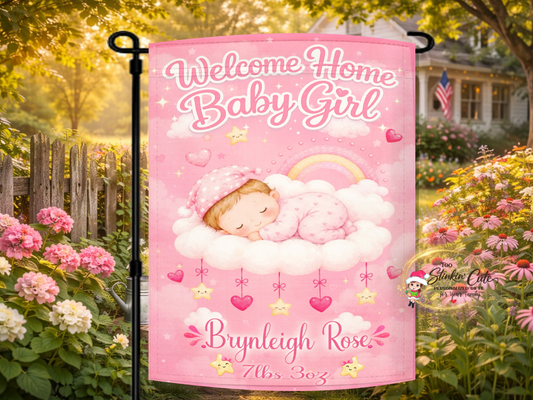 personalized welcome home baby girl cloud garden flag