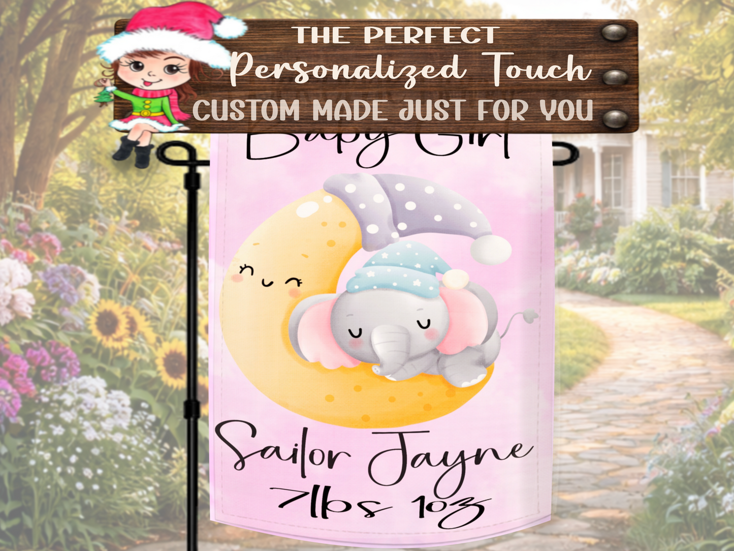 Personalized newborn baby girl porch flag with soft pink watercolor theme