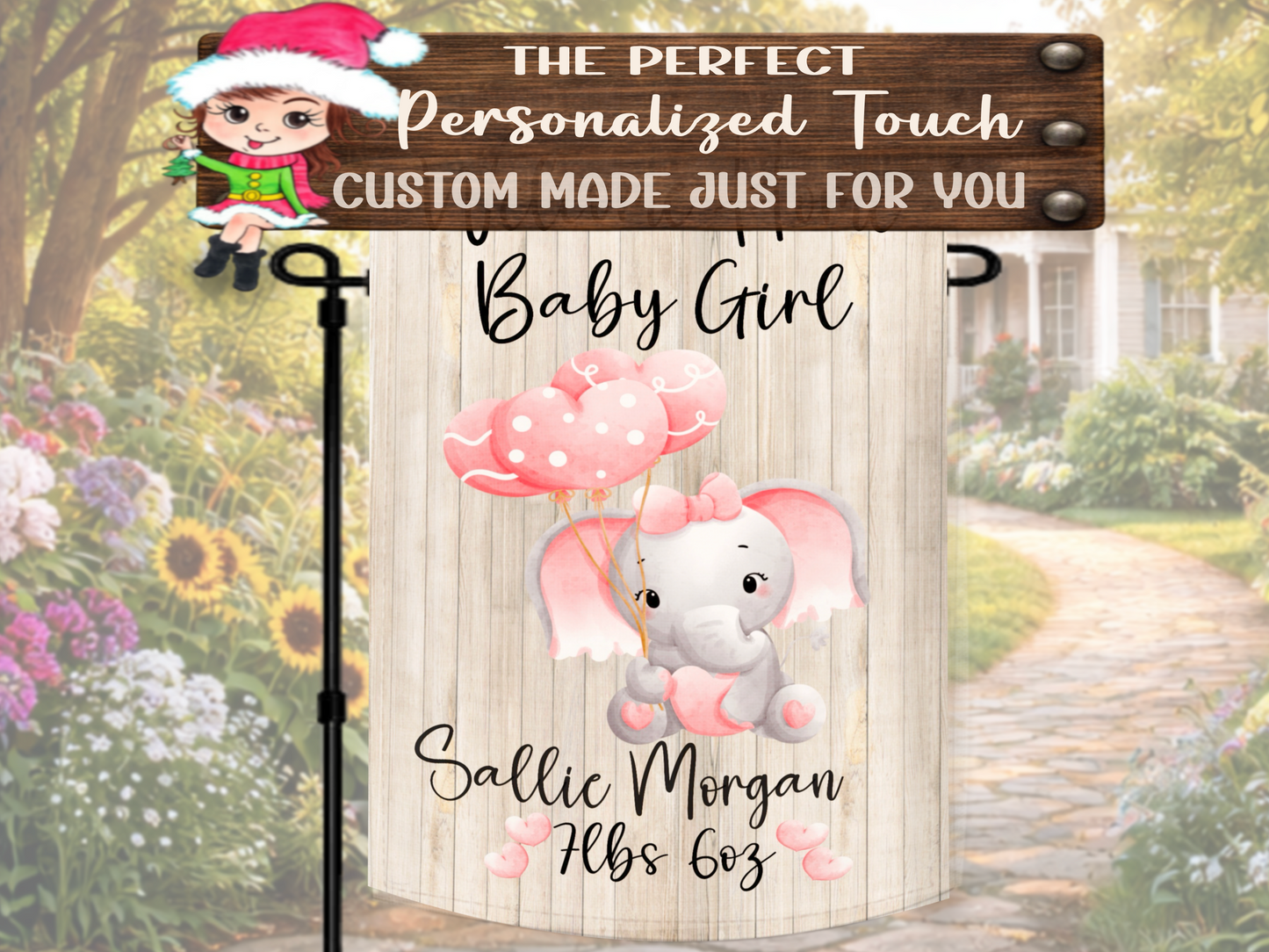 Custom baby girl announcement flag with rustic wood background design