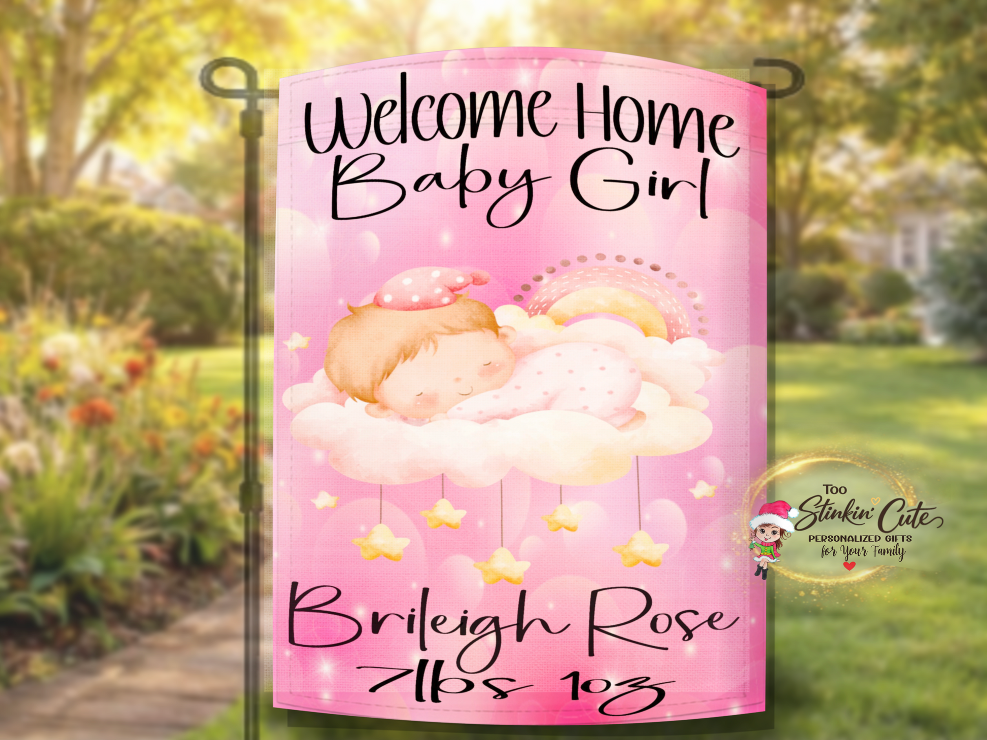 Baby girl announcement garden flag with pink nursery theme and custom details
