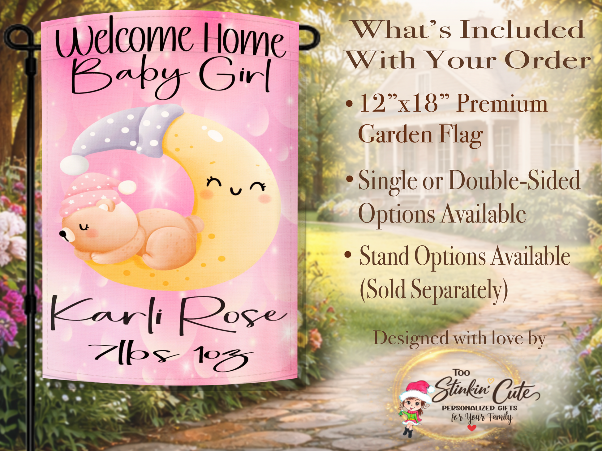 Pink baby girl garden flag personalized with baby name and birth weight