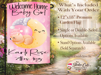 Pink baby girl garden flag personalized with baby name and birth weight