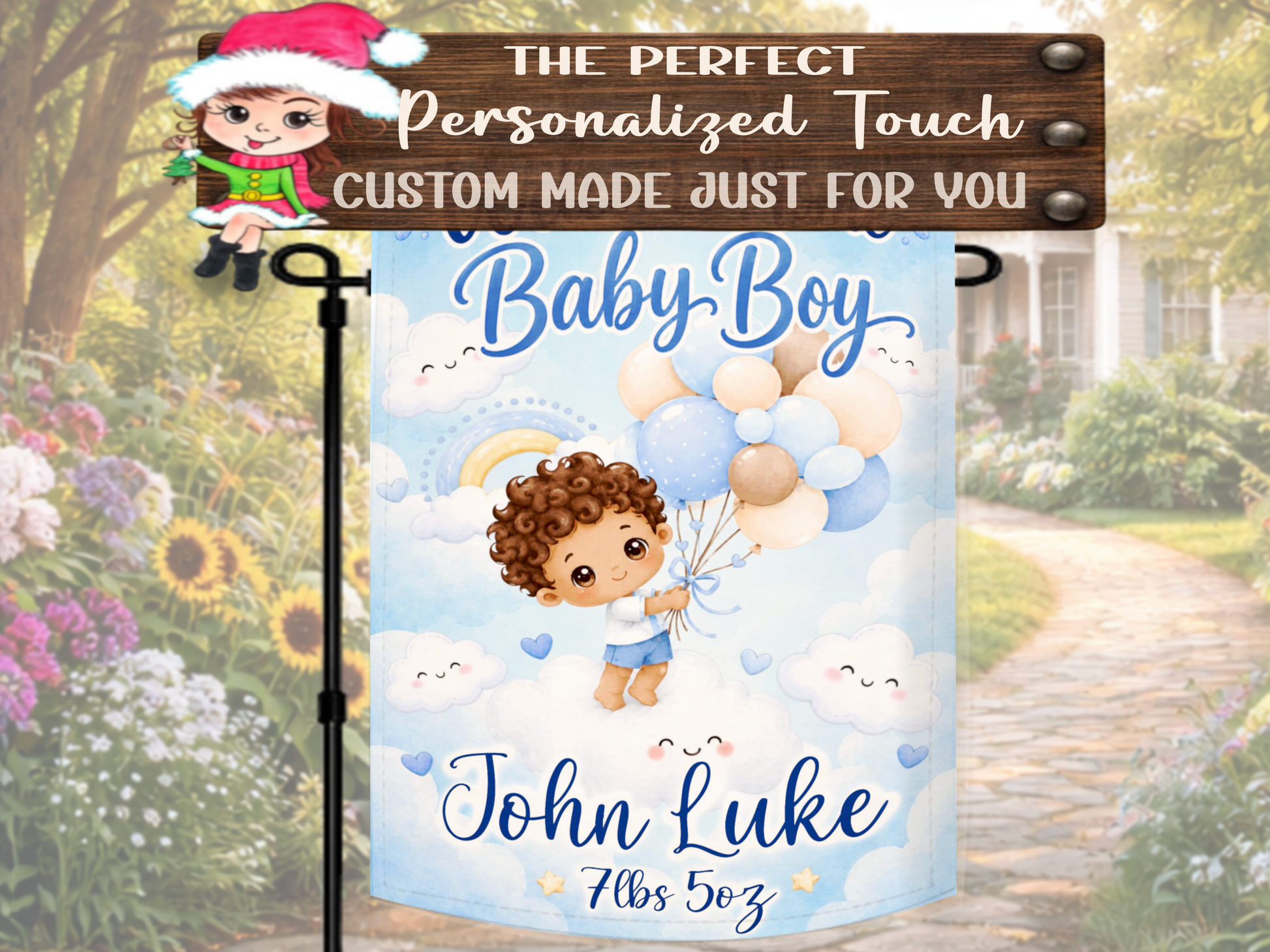 Newborn baby boy keepsake garden flag with watercolor balloons