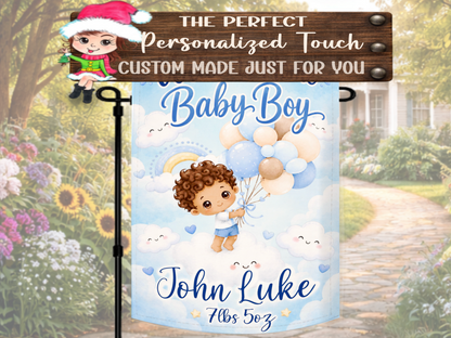 Newborn baby boy keepsake garden flag with watercolor balloons