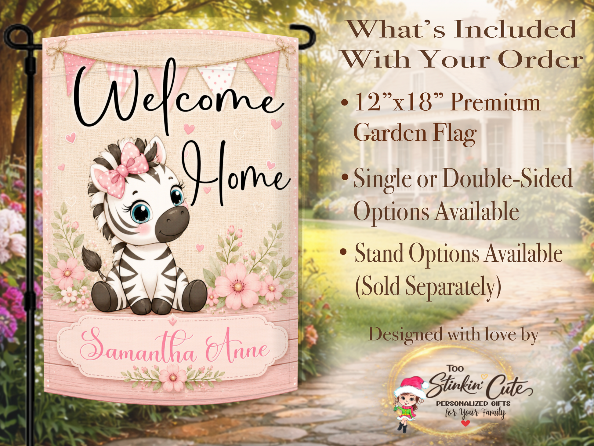 Personalized safari nursery garden flag featuring baby zebra.