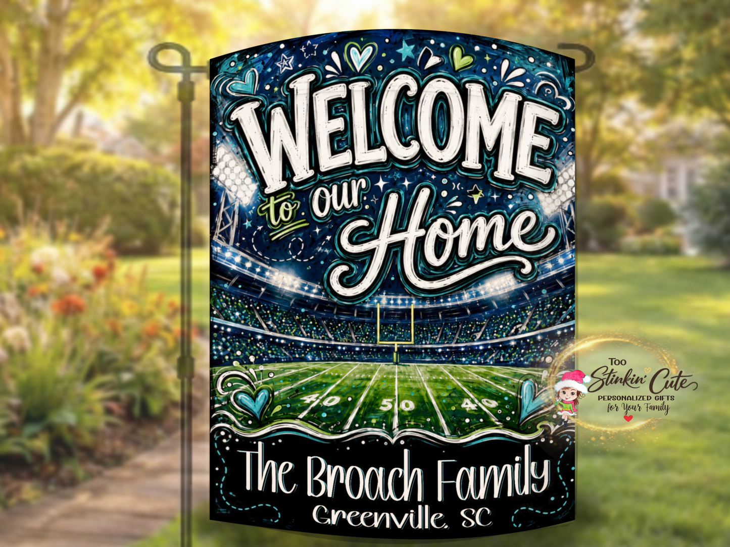 Custom hometown football yard flag featuring stadium lights and a goalpost