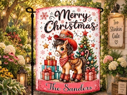 Personalized Merry Christmas horse flag for porches, patios, gardens, walkways, barns, ranches, farms, and holiday gifts.