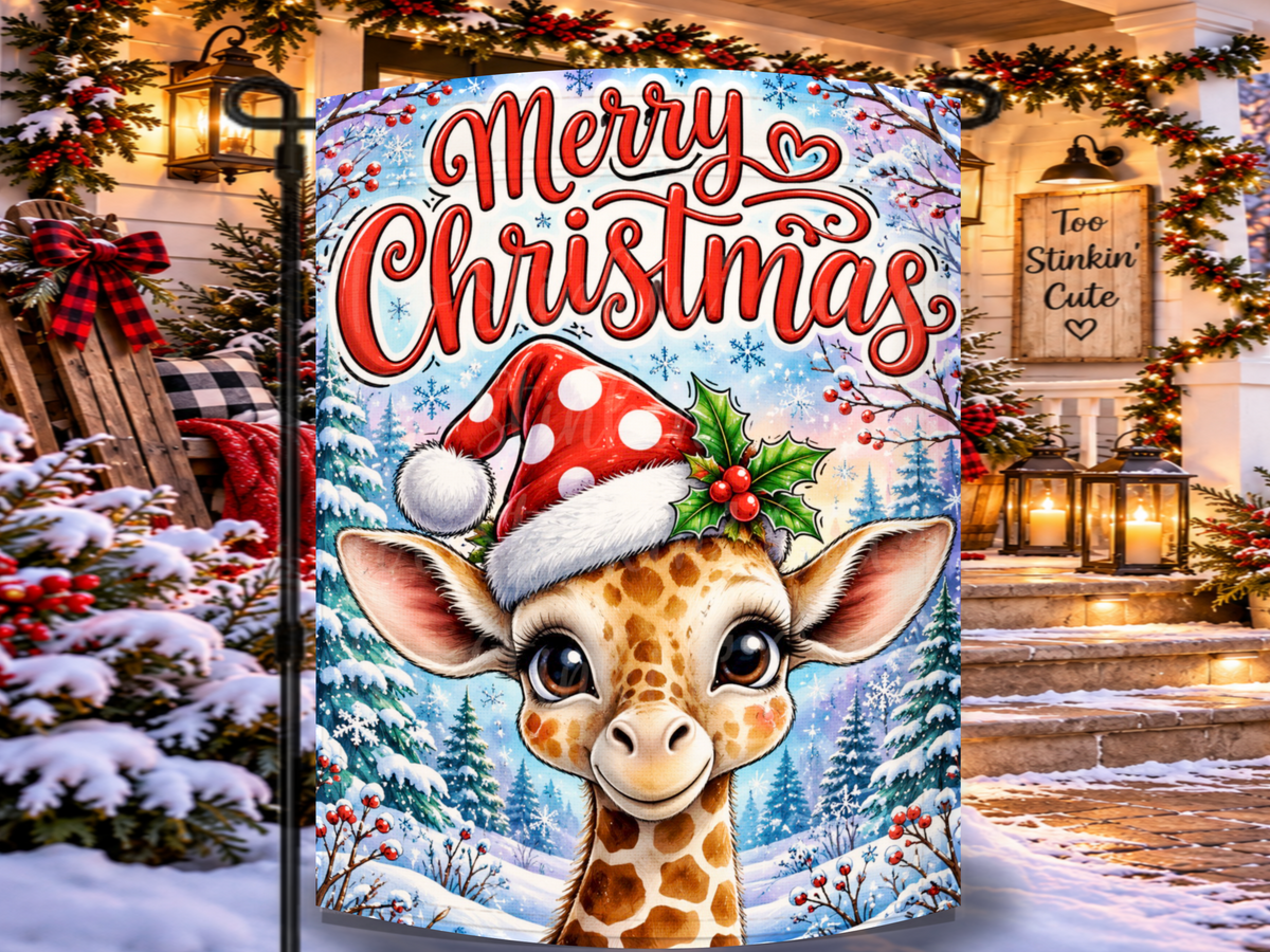 Merry Christmas garden flag featuring a cute giraffe wearing a red polka-dot Santa hat in a snowy evergreen forest.