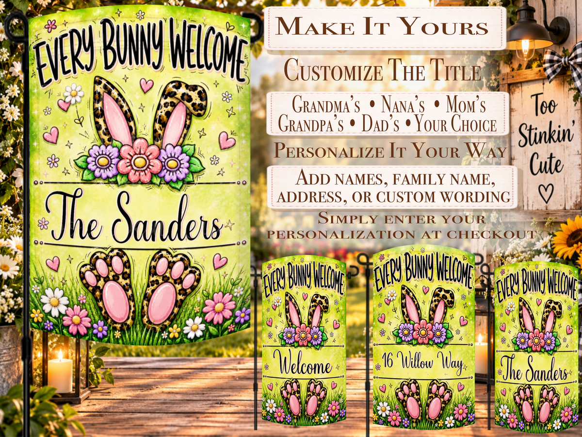 Custom family-name spring yard flag with leopard bunny ears, matching paw prints, daisies, green grass, and whimsical floral accents.