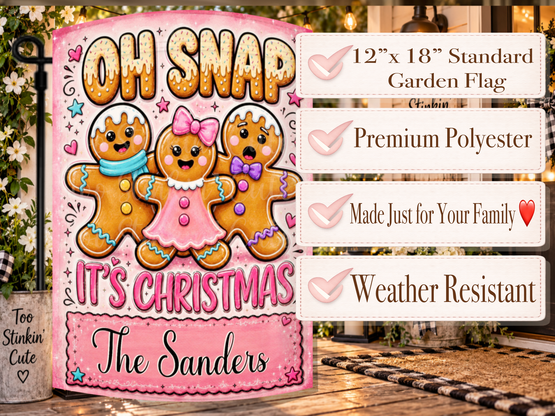 Colorful gingerbread holiday porch flag with pink Christmas artwork, playful boutique details, and personalized wording at the bottom.