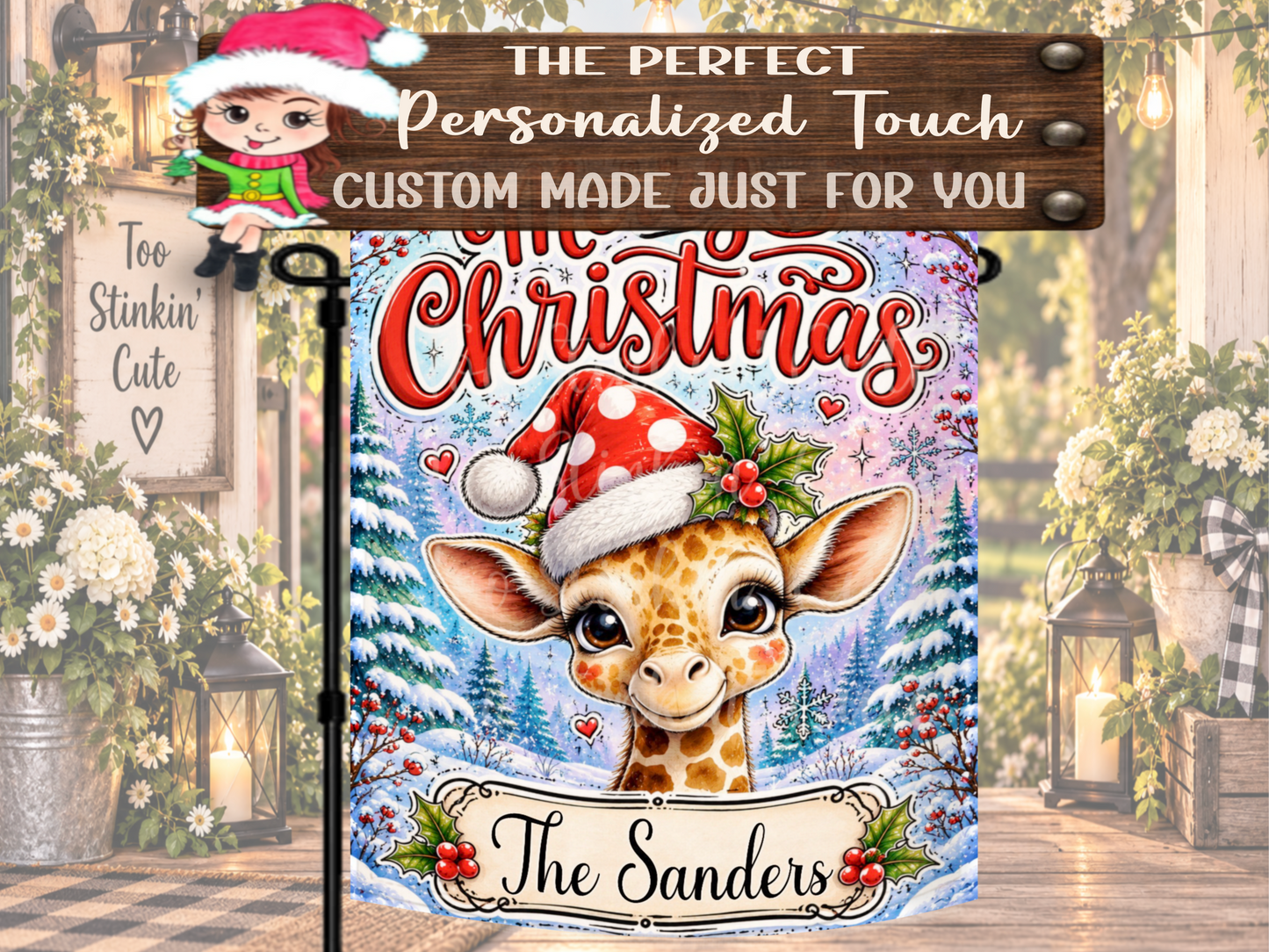 Christmas giraffe garden flag personalized with a family name, first name, address, Welcome message, or city and state.