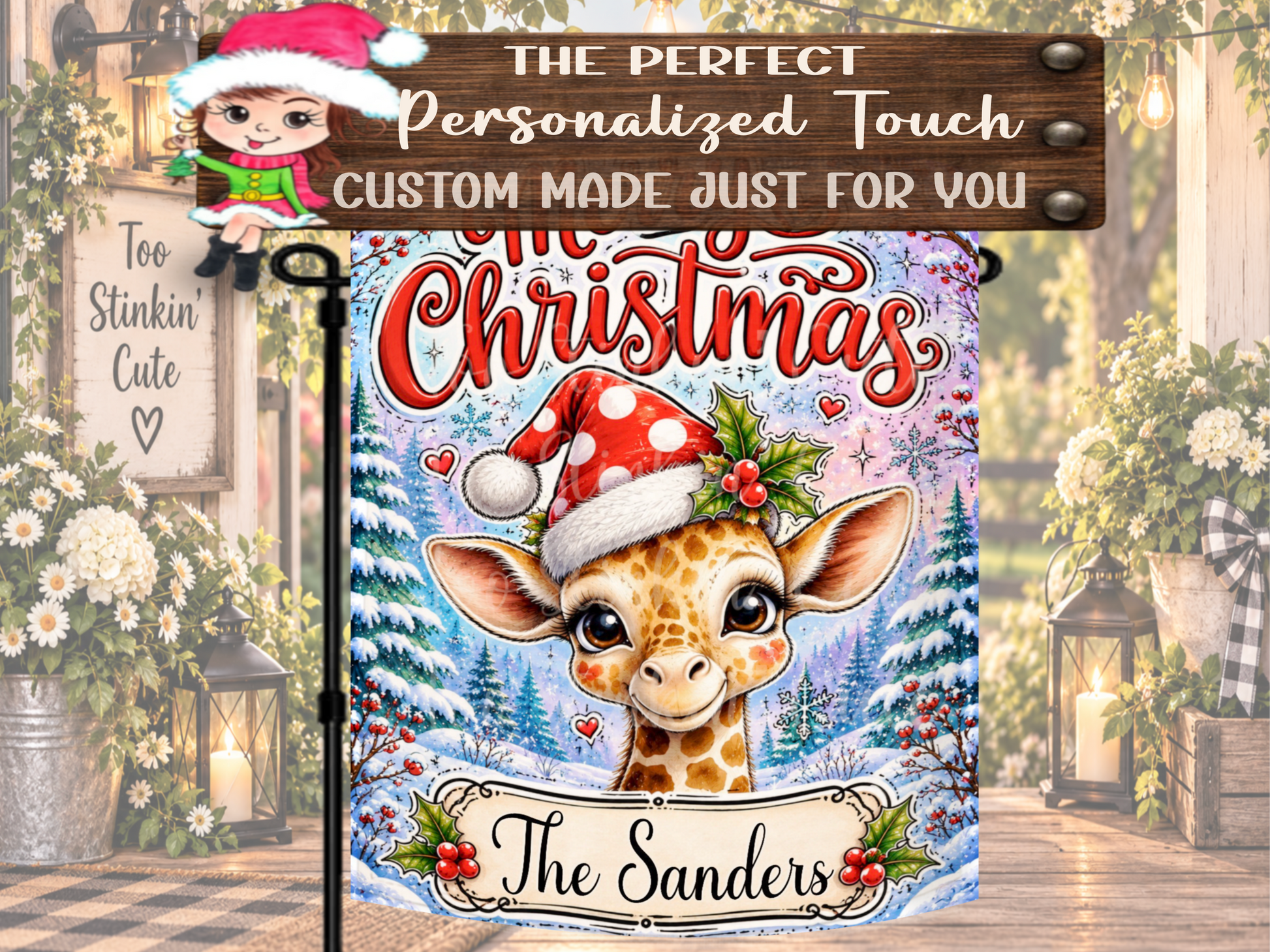 Christmas giraffe garden flag personalized with a family name, first name, address, Welcome message, or city and state.