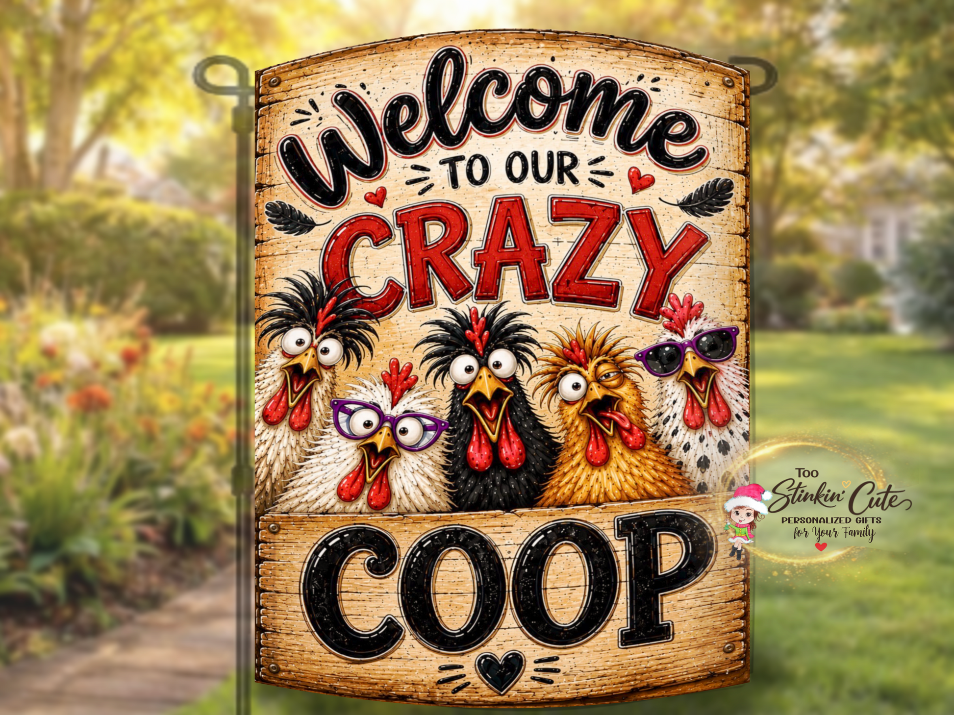 Rustic farm animal garden flag featuring silly chickens with big eyes, colorful feathers, and playful expressions.