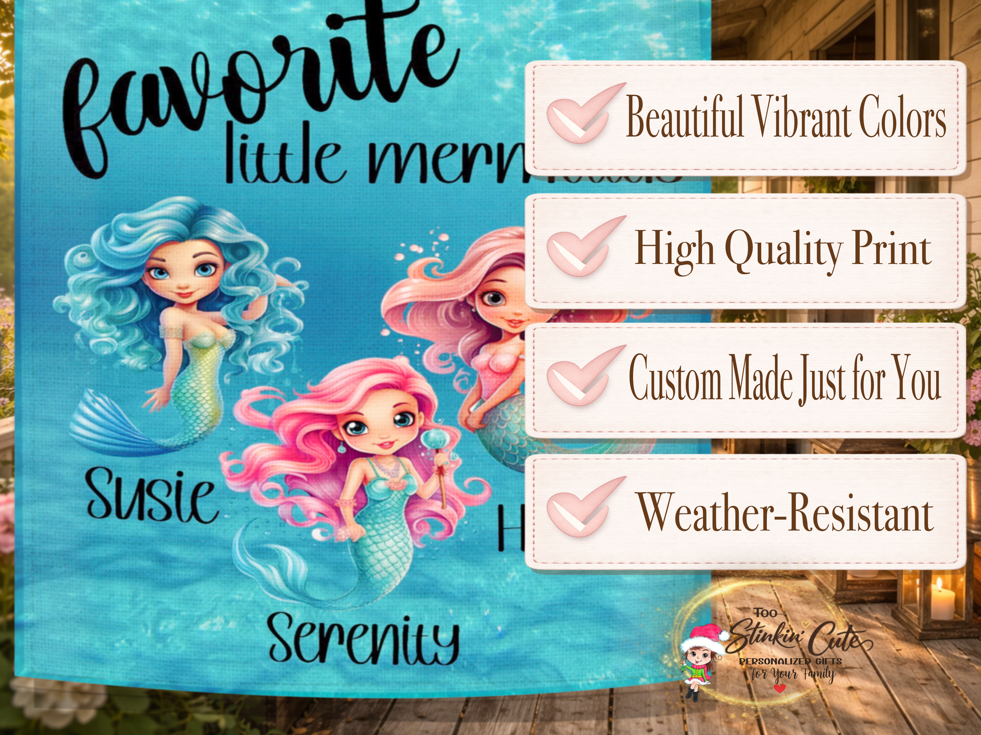 Cute beach themed garden flag featuring little mermaids