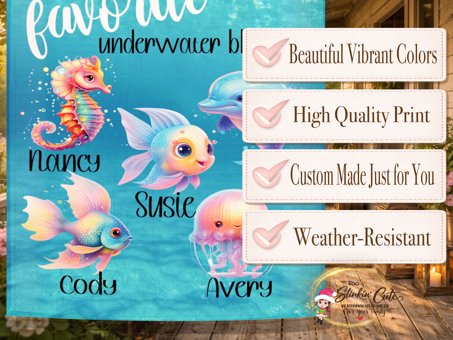 Beach inspired outdoor flag with dolphin jellyfish and seahorse