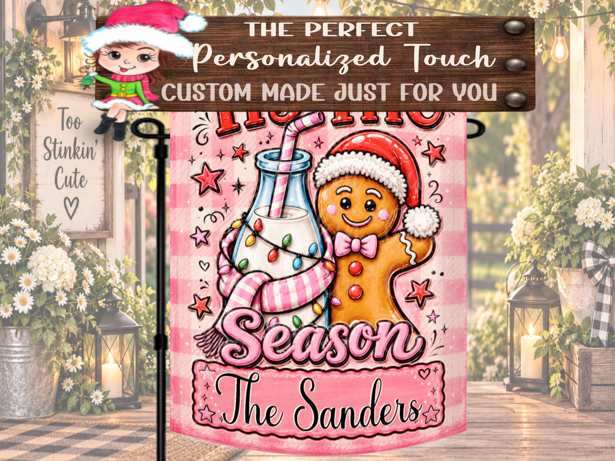 ’Tis the Season gingerbread garden flag personalized with a family name, first name, address, Welcome message, or city and state.