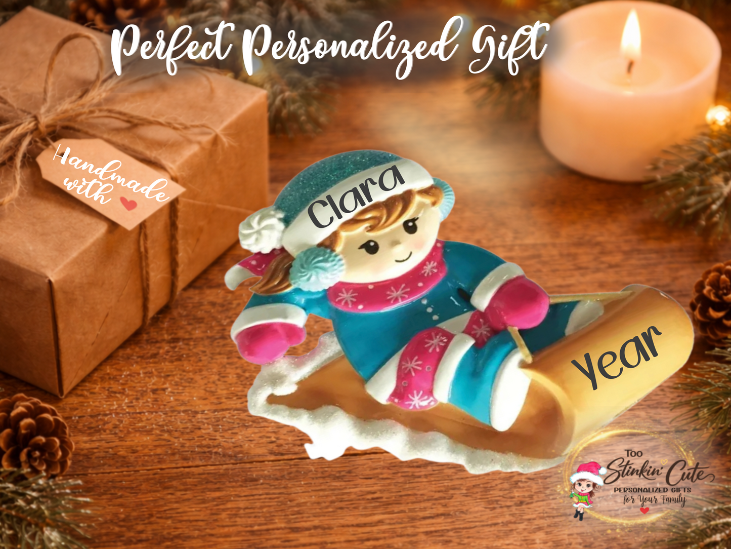 Personalized Sledding Girl Ornament | Custom Winter Christmas Keepsake Gift