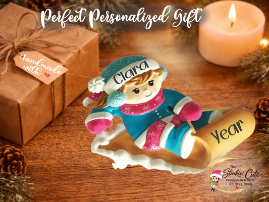 Personalized Sledding Girl Ornament | Custom Winter Christmas Keepsake Gift