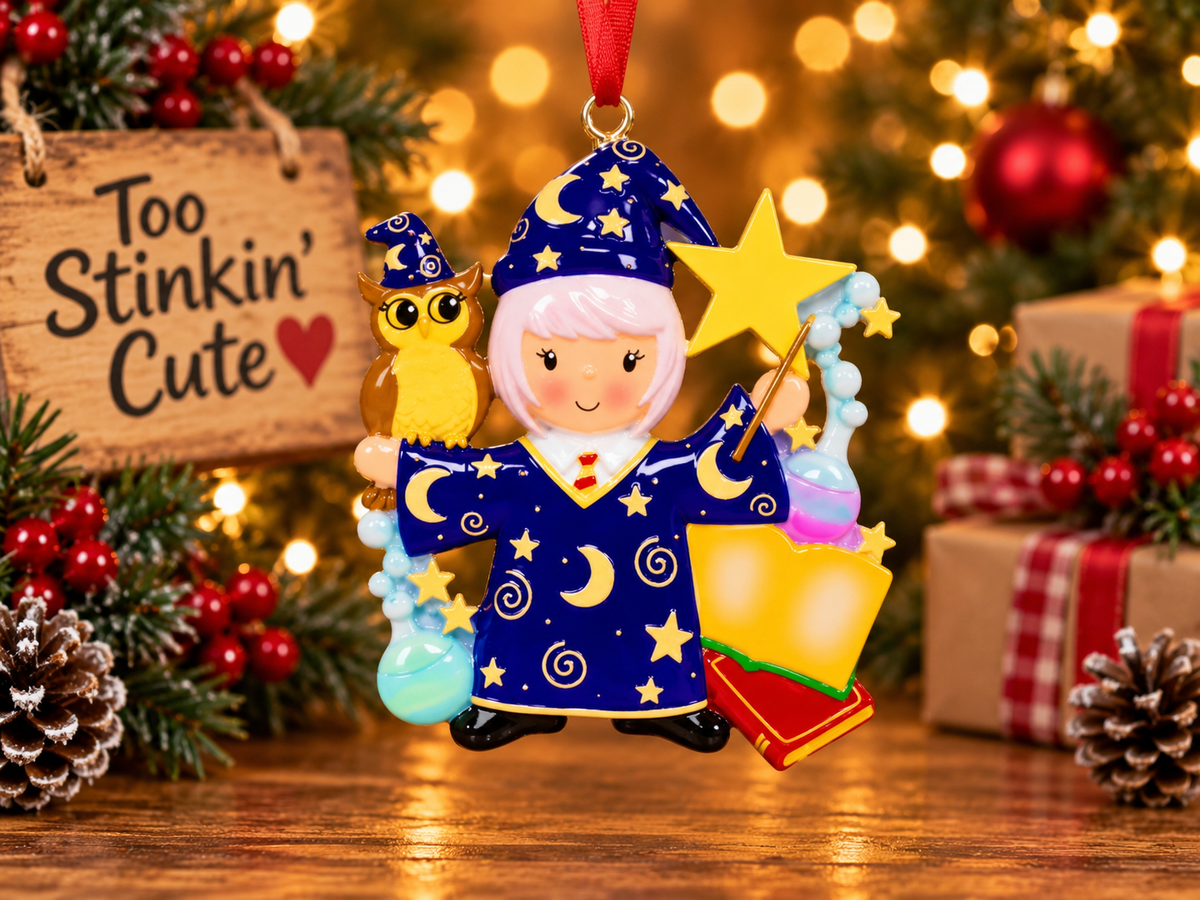Personalized girl wizard Christmas ornament with a custom name and optional year