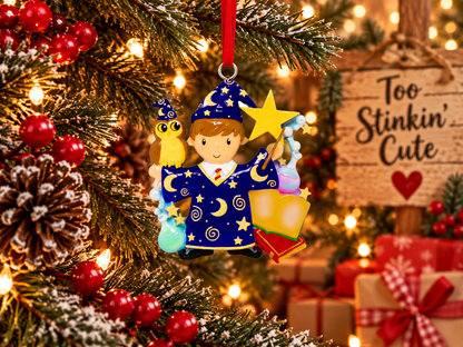 Magical Christmas ornament featuring an open book, wand, owl, potion, moon, and stars.