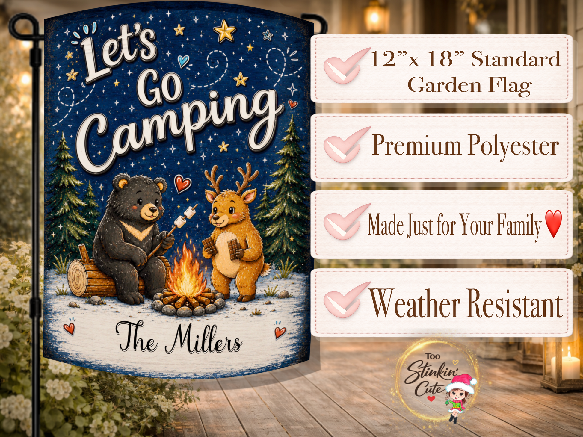 Cute Camping Animals and Campfire Flag
