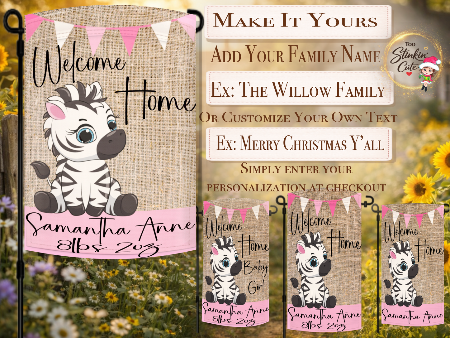 Custom welcome home baby girl garden flag with cute safari zebra design