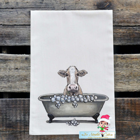 Farmhouse Cow in Bath Tub Flour Sack Towel/ Tea Towel