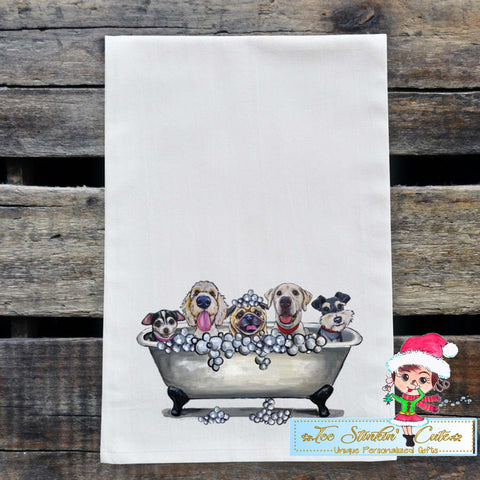 Bubble Bath Tub Dog Flour Sack Towel/ Tea Towel