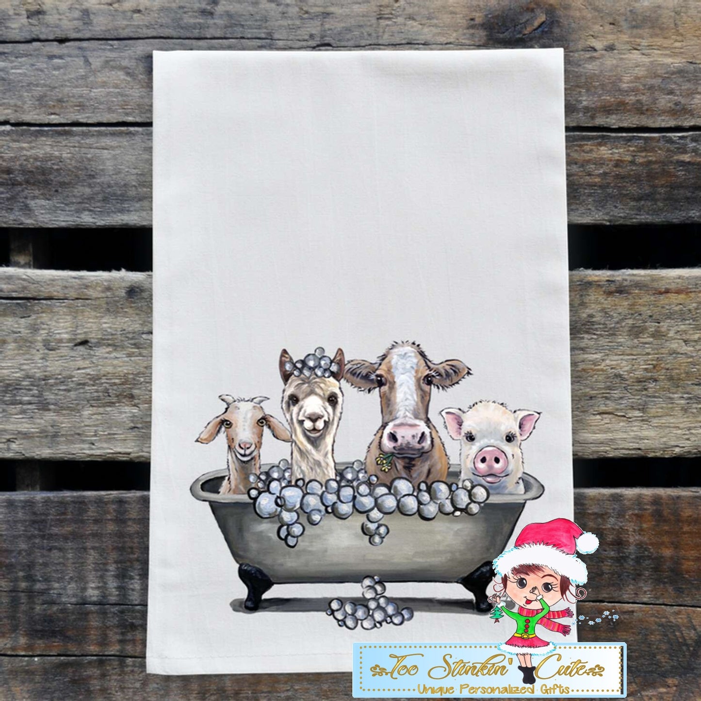 Bubble Bath Tub Farm Animals Flour Sack Towel/ Tea Towel