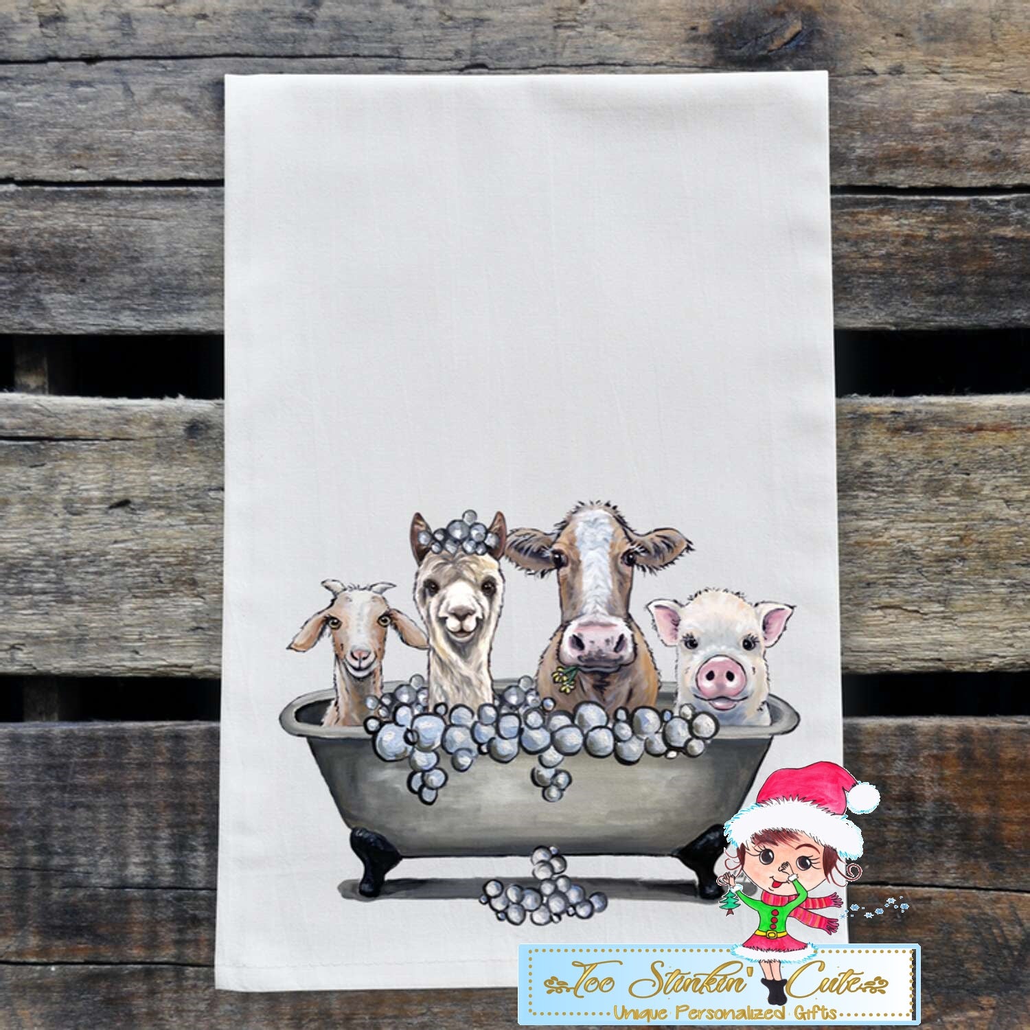 Bubble Bath Tub Farm Animals Flour Sack Towel/ Tea Towel