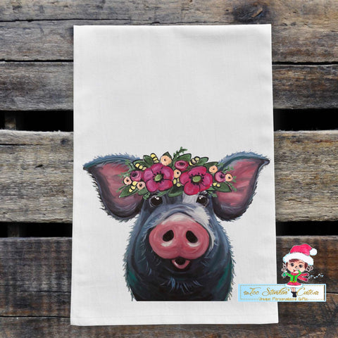 Farmhouse Black Pig with Pink Flowers Flour Sack Towel/ Tea Towel