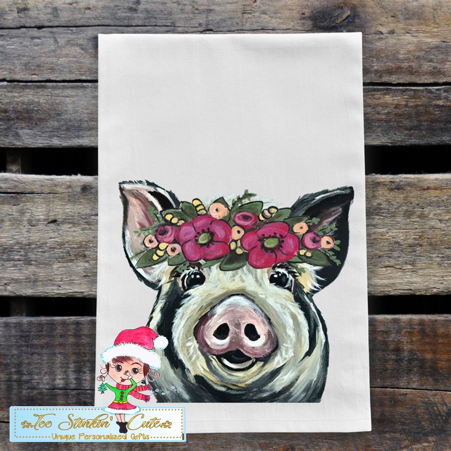 Black White Pig with Pink Flowers Flour Sack Towel/ Tea Towel