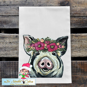 Black White Pig with Pink Flowers Flour Sack Towel/ Tea Towel
