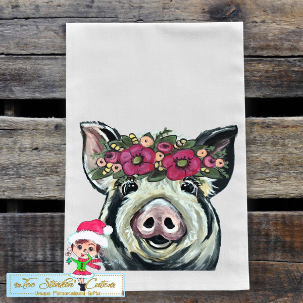 Black White Pig with Pink Flowers Flour Sack Towel/ Tea Towel