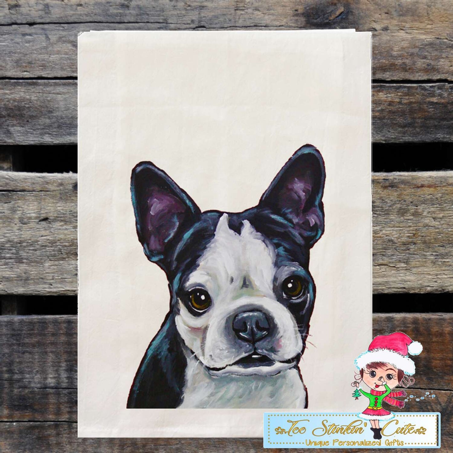 Set of 2 Boston Terrier Dog Flour Sack Towel/ Tea Towel