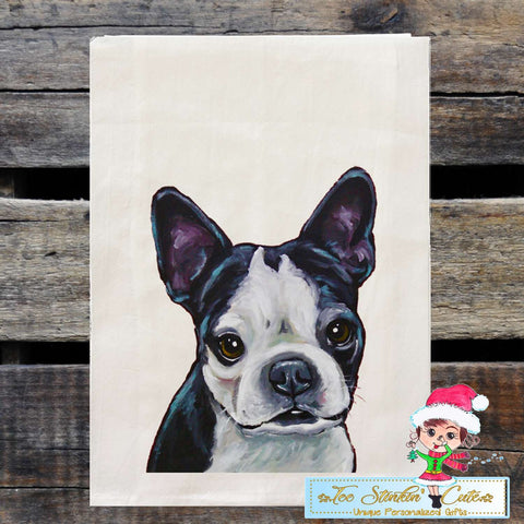 Set of 2 Boston Terrier Dog Flour Sack Towel/ Tea Towel